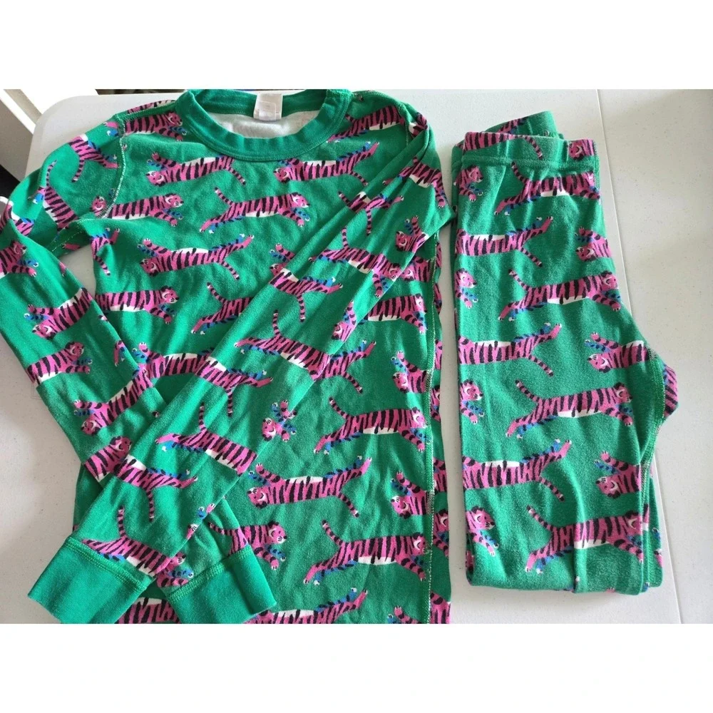 Hanna Andersson 160 Pajama Set Kids 14 Green Pink Tiger Print Organic Cotton